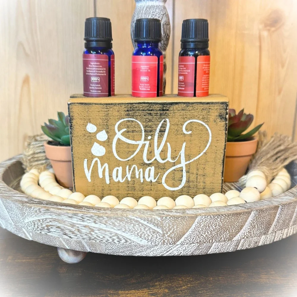 Basket Case Designs Oily Mama Wooden Essential‎ Oil Holder Sign Mustard Yellow